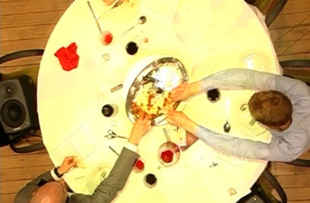 A set of networked turntable are used by dinner guests in separate locations <br>to tease each other by turning the food away from each other. 